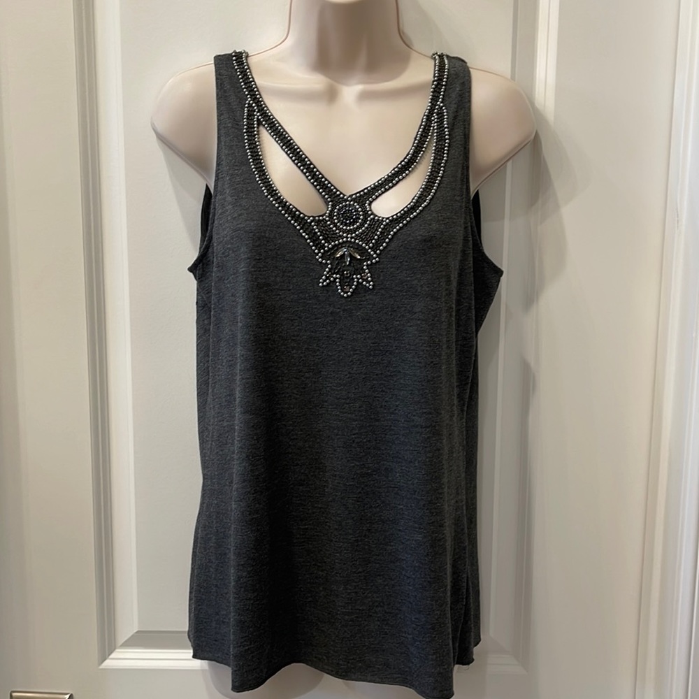 Boutique tank top. Beautiful bead work around neckline, bust and back. Dark Gray